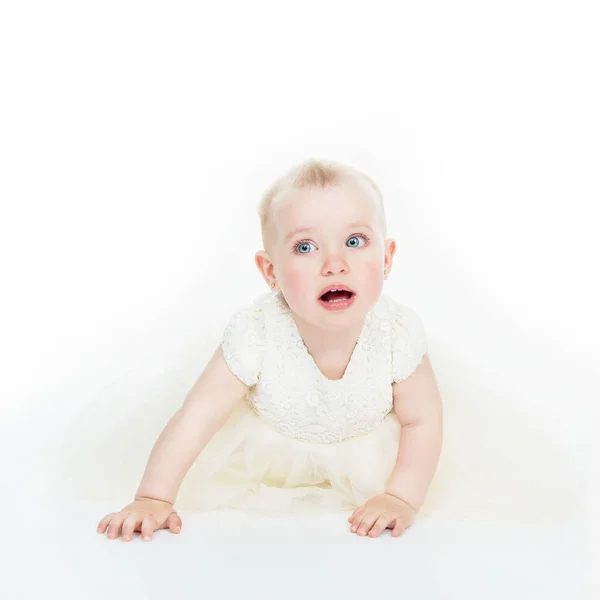 Pequena princesa de vestido branco rasteja em estúdio sobre backg branco — Fotografia de Stock