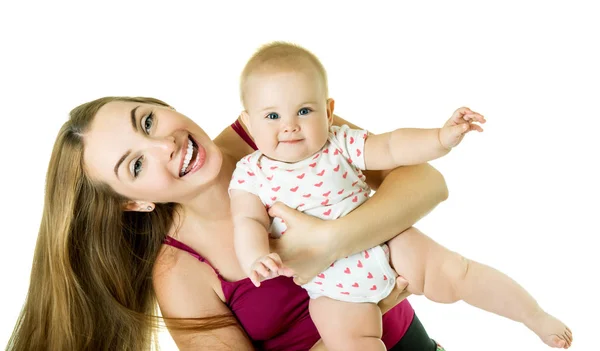 Młoda matka z jej dziecko córka szczęśliwy uśmiechający się, studio portra — Zdjęcie stockowe