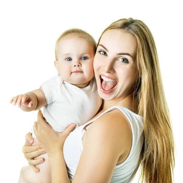 Jonge moeder met haar baby dochter blij brede glimlach, studio portra — Stockfoto