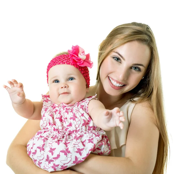 Young mother with her baby daughter happy smiling, studio portra — Stock Photo, Image
