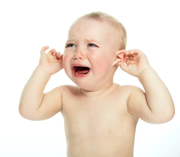 Schreiendes Baby. Porträt eines süßen kleinen Mädchens, das im Studio weint — Stockfoto