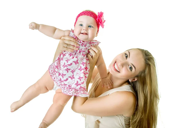 Jonge moeder met haar baby dochter blij brede glimlach, studio portra — Stockfoto