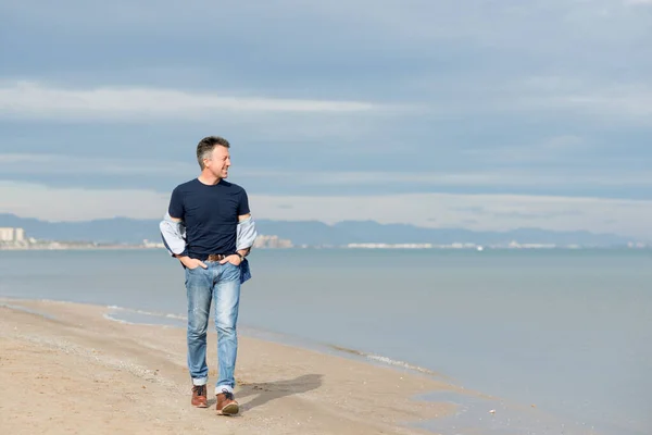 Handsome Middle Aged Man Walking Beach Attractive Happy Smiling Mid — Stock Photo, Image