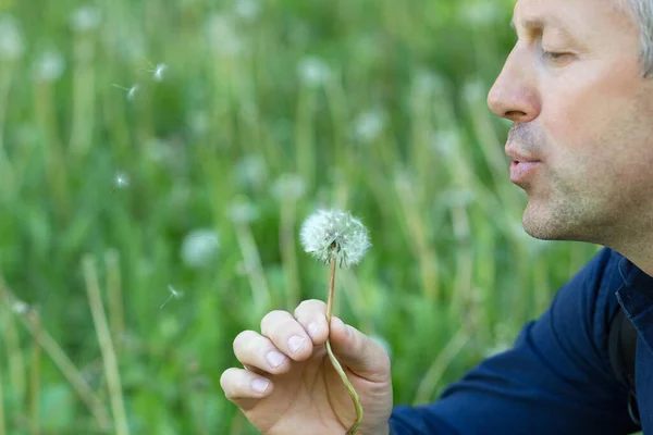 Mann Mit Löwenzahn Über Blaugrünem Gras Sommer Natur Freien — Stockfoto