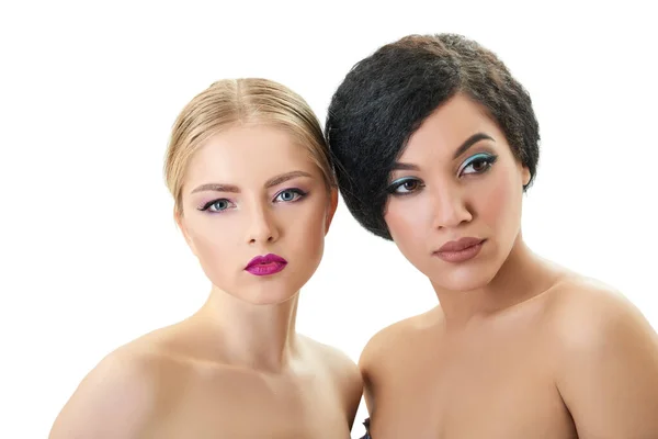Maquiagem Retrato Feminino Duplo Menina Loira Caucasiana Bela Mulata Jovem — Fotografia de Stock