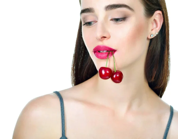 Young Beautiful Woman Ripe Cherry Beautiful Woman Fresh Red Cherries — Stock Photo, Image
