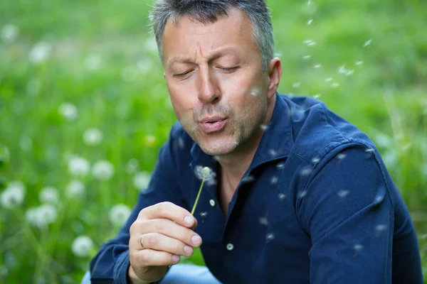 Homem Soprando Dente Leão Sobre Grama Verde Azulada Natureza Verão — Fotografia de Stock