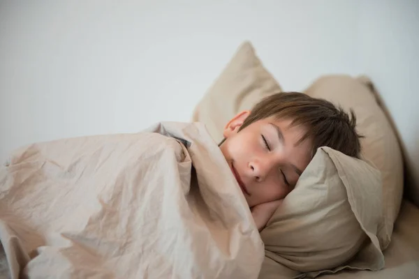 Bedårande Pojke Som Sover Hemma Friska Barn Sover Söta Drömmar — Stockfoto