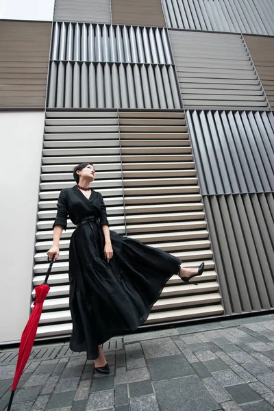 Fashion Woman Young Beautiful Chinese Girl Posing Gray Metal Urban — Stock Photo, Image