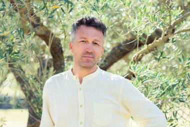 Zeytin ağaçları. Zeytin bahçesinde poz veren yakışıklı bir adam. Akdeniz zeytin tarlasında hasat için hazır erkek portreleri. İtalyan zeytinliğinde kendine güvenen olgun bir adam taze zeytinlerle dolu. Taze zeytin. Zeytin çiftliği