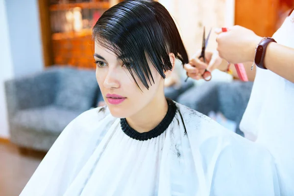 Beauty, hairstyle, treatment, hair care concept, young woman and hairdresser cutting hair at hairdressing salon. Hairdresser cutts beautiful happy girl\'s hair. Hairstylist serving client at barber shop. Professional barber doing hairstyle in barbersh