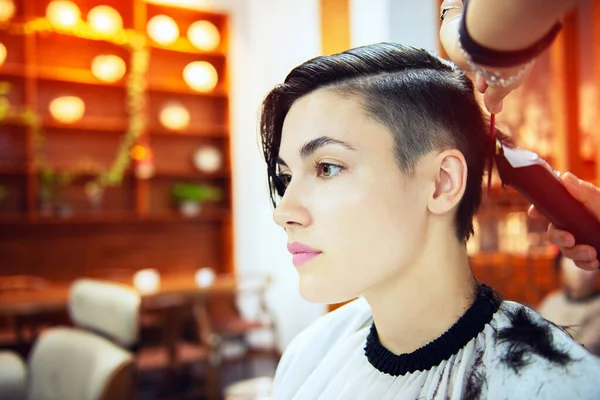 Beauty, hairstyle, treatment, hair care concept, young woman and hairdresser cutting hair at hairdressing salon. Hairdresser cuts beautiful girl\'s hair. Hairstylist serving client at barber shop. Professional barber doing hairstyle in barbershop, sof