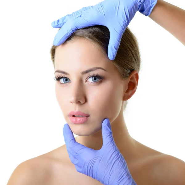Beauty Treatment Young Beautiful Female Face Doctor Hand Gloves Touch — Stock Photo, Image