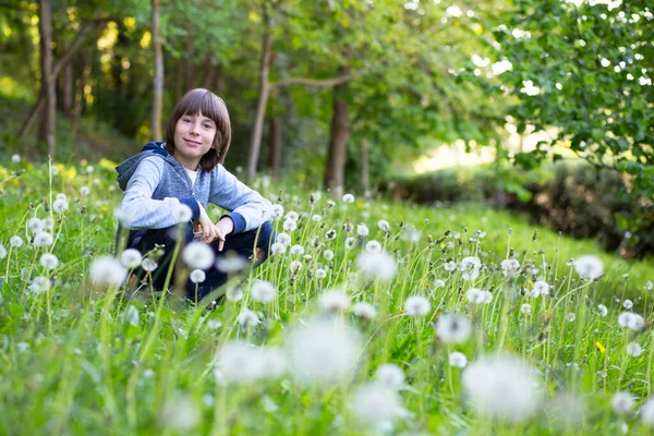 Feliz Niño Sentado Diente León Césped Primavera Entre Diente León — Foto de Stock