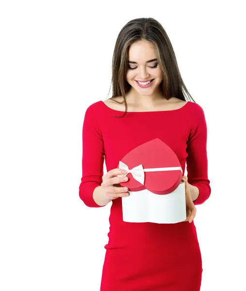 Beautiful Happy Smiling Young Woman Holding Red Heart Gift Box — стоковое фото