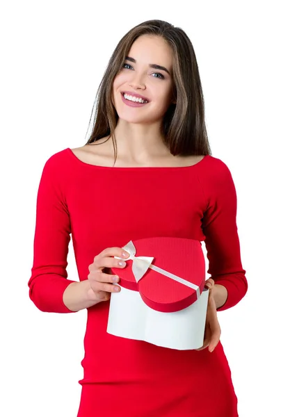 Beautiful Happy Smiling Young Woman Holding Red Heart Gift Box — стоковое фото