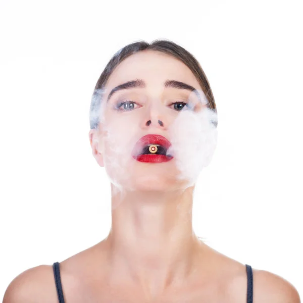 Beautiful Young Woman Shell Her Mouth Smoke Blue Eyed Girl — Stock Photo, Image