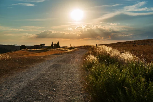 Camino Capella Vitaleta Val Orcia Tuscuny Italia Julio 2017 Capella —  Fotos de Stock