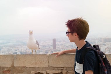 Alicante (İspanya) panoramasının arka planında yakışıklı bir genç ve albatros. Santa Barbara Dağı 'ndan kuş ve gençlik önplanıyla şehir manzarası 