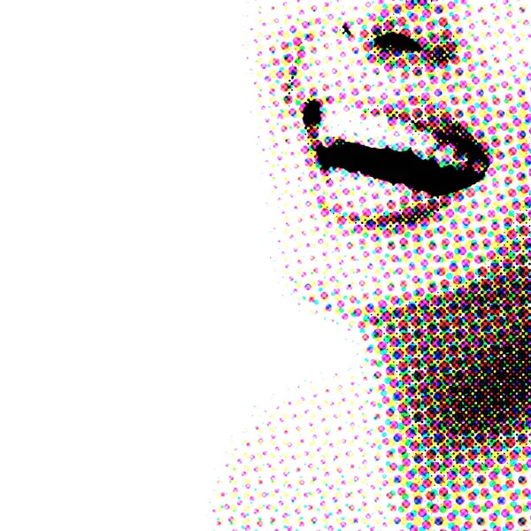 一个年轻女子的美丽的宽笑的例证 她有着巨大的健康的白色牙齿 背景是白色的 复古字体风格化 声弦圆圈的女人像摘要 — 图库照片