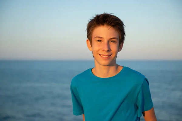 Handsome Young Boy Beach Beautiful Calm Smiling Teen Boy Mediterranean — Stock Photo, Image