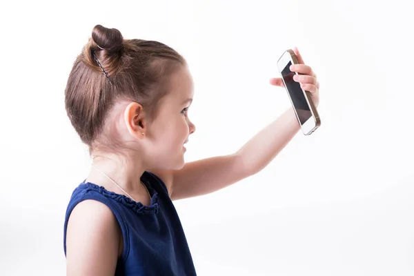 Portrait Cool Cheerful Little Girl Taking Photo Smart Phone Cute — Stock Photo, Image