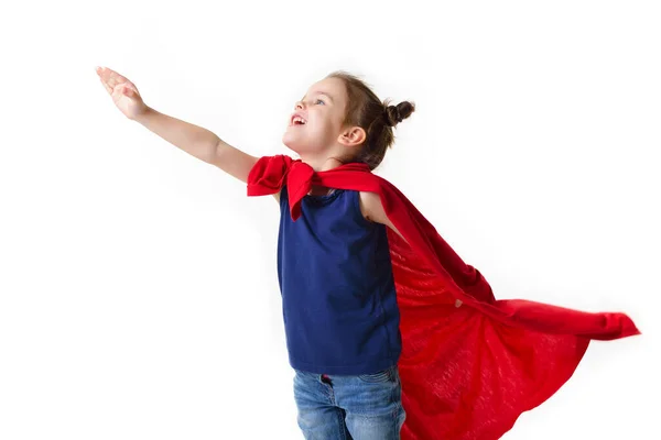 Adorable Niña Volando Como Superhéroe Camiseta Azul Manto Rojo Super — Foto de Stock