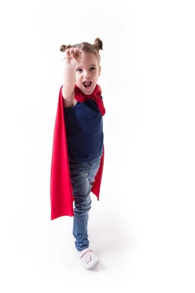 Adorable Niña Volando Como Superhéroe Camiseta Azul Manto Rojo Super — Foto de Stock