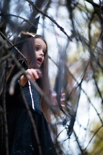 Bambina Vestita Con Costume Strega Che Cammina Nella Foresta Autunnale — Foto Stock