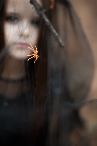 Beautiful Little Girl Long Brunette Hair Dressed Witch Dress Hat — Stock Photo, Image