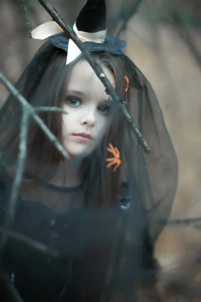 Красивая Маленькая Девочка Длинными Брюнетками Одетая Ведьминское Платье Шляпу Гуляет — стоковое фото
