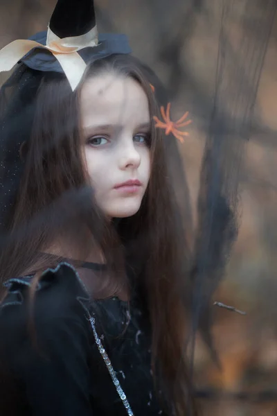 穿着巫婆衣服和帽子的小女孩和蜘蛛在秋天的森林里散步 万圣节的恐怖 黑暗中的女巫 — 图库照片