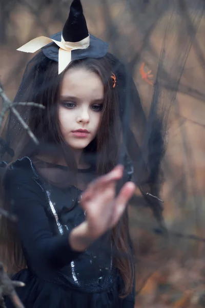 Pequeña Niña Vestida Con Vestido Bruja Sombrero Camina Bosque Otoño — Foto de Stock