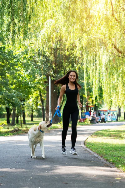 快乐的年轻女子和她的狗在夏天的公园里散步和跑步 活动休闲 美丽的黑发女孩在早晨慢跑与小狗 — 图库照片