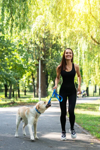 Vrolijke Mooie Jonge Vrouw Wandelen Rennen Met Haar Hond Zomer — Stockfoto