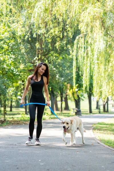 快乐的年轻女子和她的狗在夏天的公园里散步和跑步 活动休闲 美丽的黑发女孩在早晨慢跑与小狗 — 图库照片