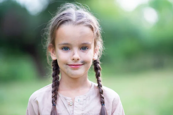 Pretty Little Girl Long Brown Hair Beautiful Dirty Face Posing — Stock Photo, Image