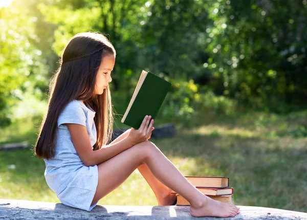 Uzun Kahverengi Saçlı Sevimli Küçük Kız Kitap Okuyor Yaz Parkında — Stok fotoğraf