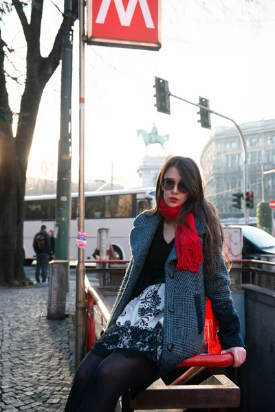 Attractive Young Woman Wearing Gray Coat Long Dark Hair Red — Stock Photo, Image