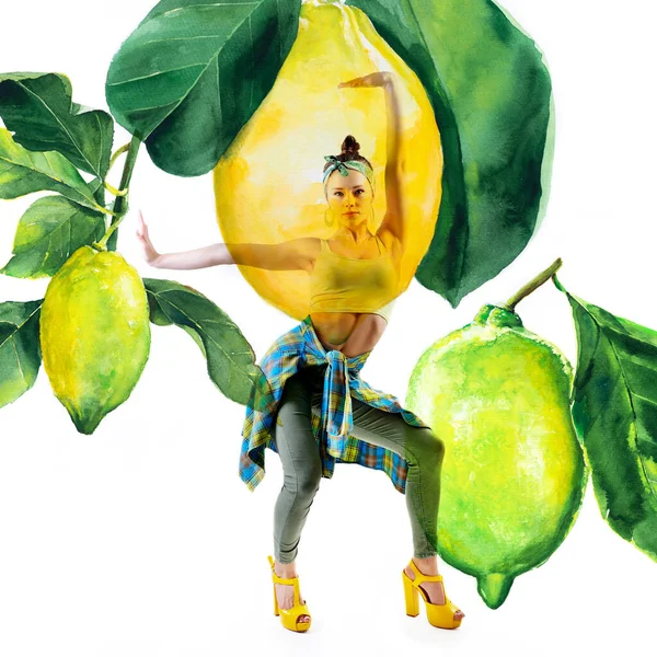 Dupla Exposição Limões Aquarela Com Retrato Completo Bela Menina Dançante — Fotografia de Stock