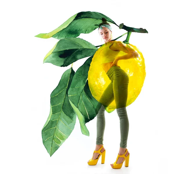 Double Exposure Watercolor Lemons Full Length Portrait Beautiful Dancing Girl — Stock Photo, Image