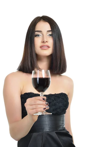 Jovem Mulher Atraente Segurando Copo Vinho Tinto Bonita Senhora Bebe — Fotografia de Stock