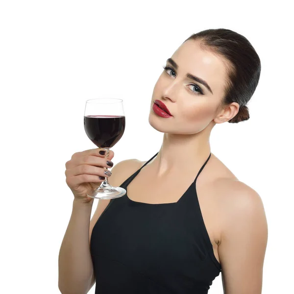 Jovem Mulher Atraente Segurando Copo Vinho Tinto Bonita Senhora Bebe — Fotografia de Stock