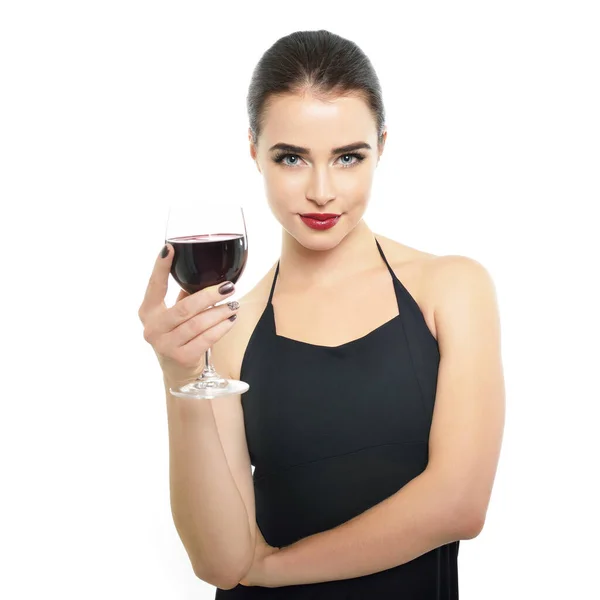 Jovem Mulher Atraente Segurando Copo Vinho Tinto Bonita Senhora Bebe — Fotografia de Stock