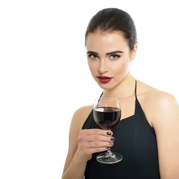 Jovem Mulher Atraente Segurando Copo Vinho Tinto Linda Senhora Bebe — Fotografia de Stock