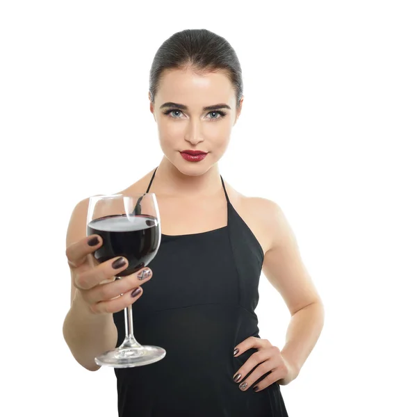 Young Attractive Woman Holding Glass Red Wine Pretty Lady Drinks — Stock Photo, Image