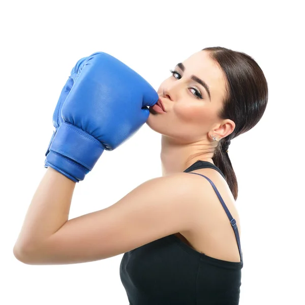 Sporty Girl Doing Boxing Exercises Photo Young Woman Kisses Her — Stock Photo, Image