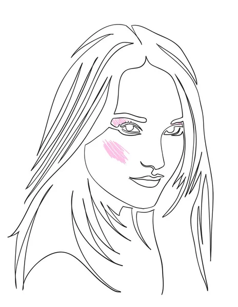 Fashion illustration of girl. Continuous line drawing of female face, minimalism, make-up, woman beauty, vector illustration for t-shirt design, print graphics style. Tattoo, logo. Woman\'s portrait.