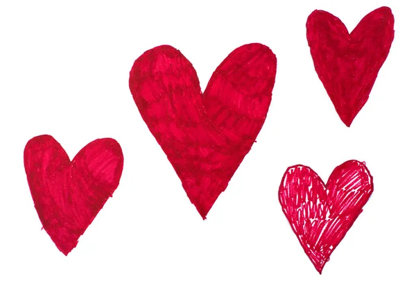 Κόκκινες Καρδιές Σετ Παιδικό Στυλ Σχεδίασης Δείκτες Χέρι Σχέδιο Σχέδιο — Φωτογραφία Αρχείου