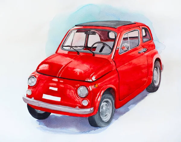 Auto Aquarell Illustration Oldtimer Handgezeichnet Automobil Rotes Auto Isoliert Auf — Stockfoto